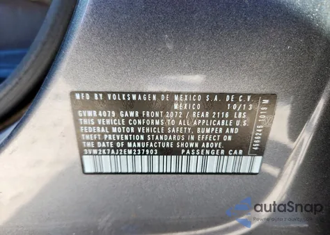 2014 Volkswagen Jetta Base из США, поврежденный, VIN 3VW2K7AJ2EM237903